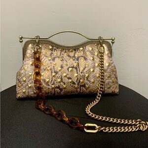 Handsewn Genuine Embossed Leather, Double Kisslock & Top Handle Bag, Crossbody